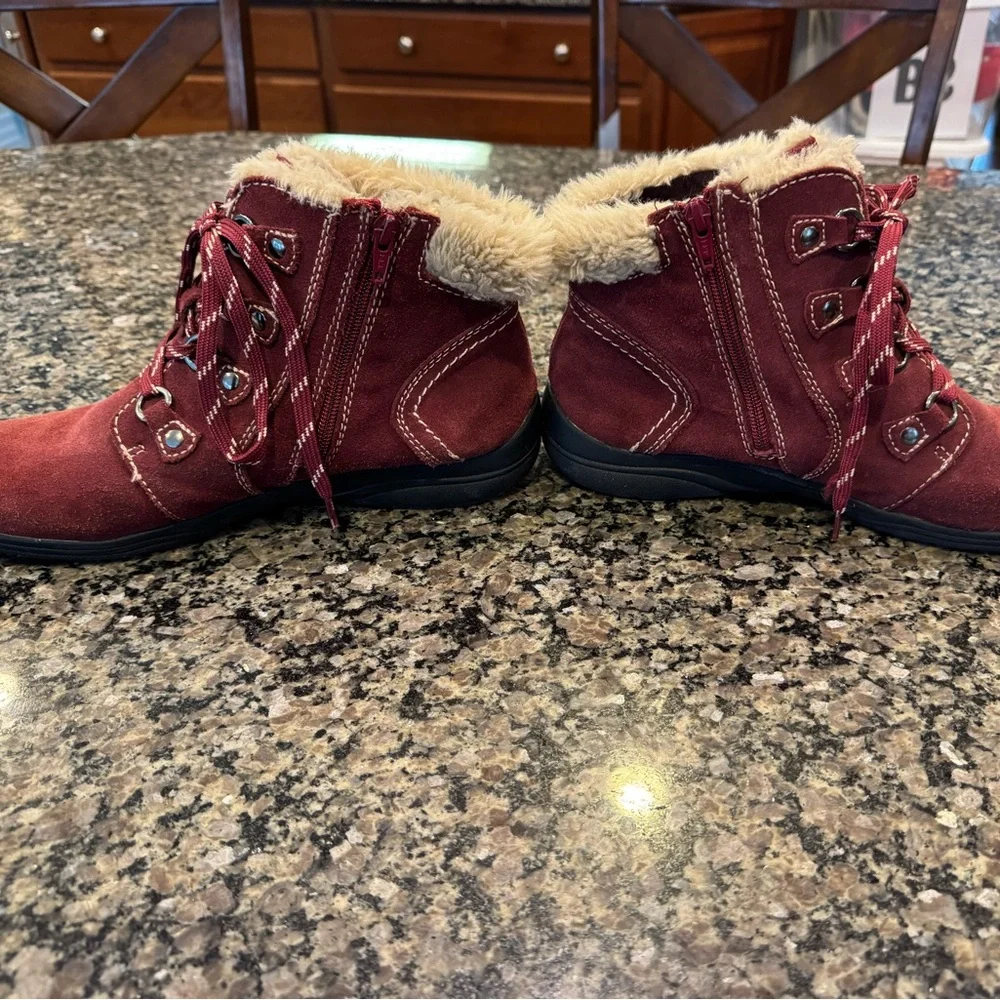 Earth Origins Leather Fur Ankle Boots Suede Burgundy 11 Comfort Walking Gorpcore - Picture 6 of 14